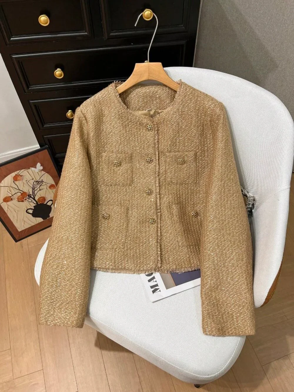 Khaki Elegant Casual Women's Loose metallic shimmer Tweed Jacket - Picture 3 of 6